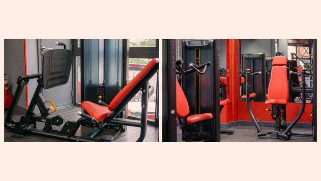 Example equipment for seated leg press (A) and seated chest press (B) exercises