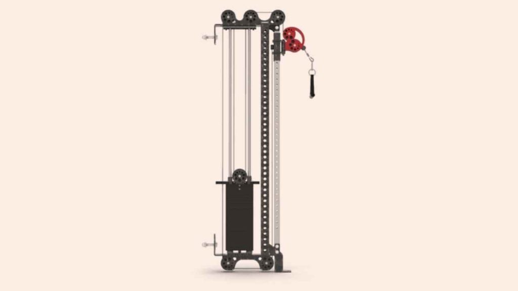 Example of a cable-and-pulley system. The weight stack (A) is pin-loaded and attached to a cable (B), which via several pulleys, terminates at the handle (C). The positioning of the handle can be altered (orange arrows) to provide different angles of the cable for various exercises