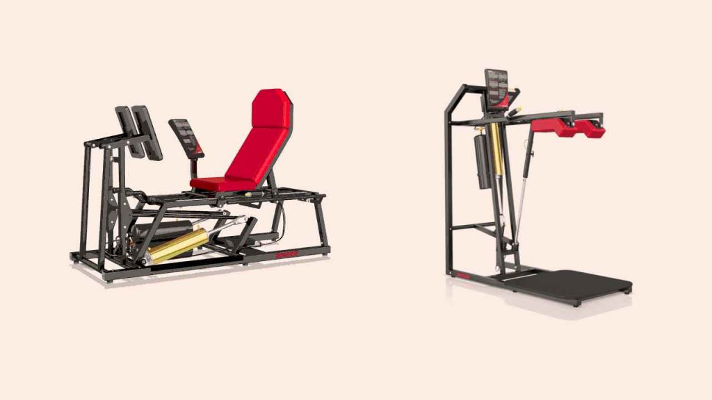 Examples of pneumatic systems for seated leg press (A) and squats (B)