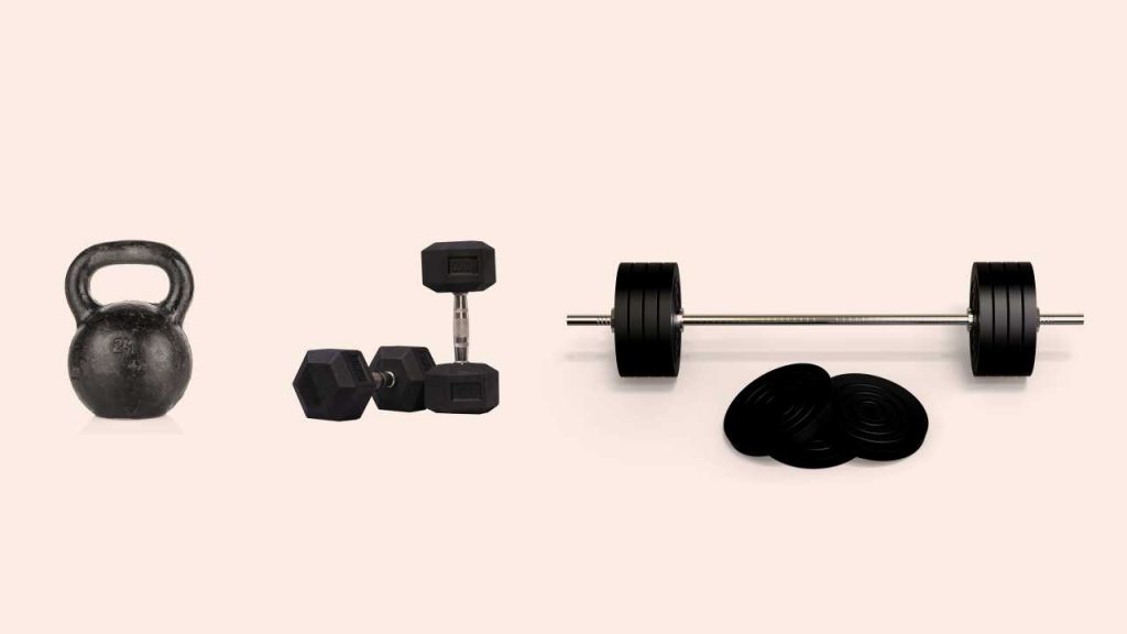 Examples of free-weights including kettlebells (A), dumbbells (B), and barbells (C)